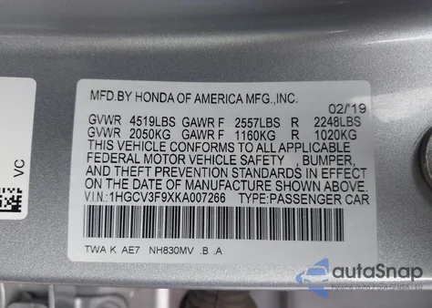 2019 Honda Accord Hybrid Touring из США, поврежденный, VIN 1HGCV3F9XKA007266